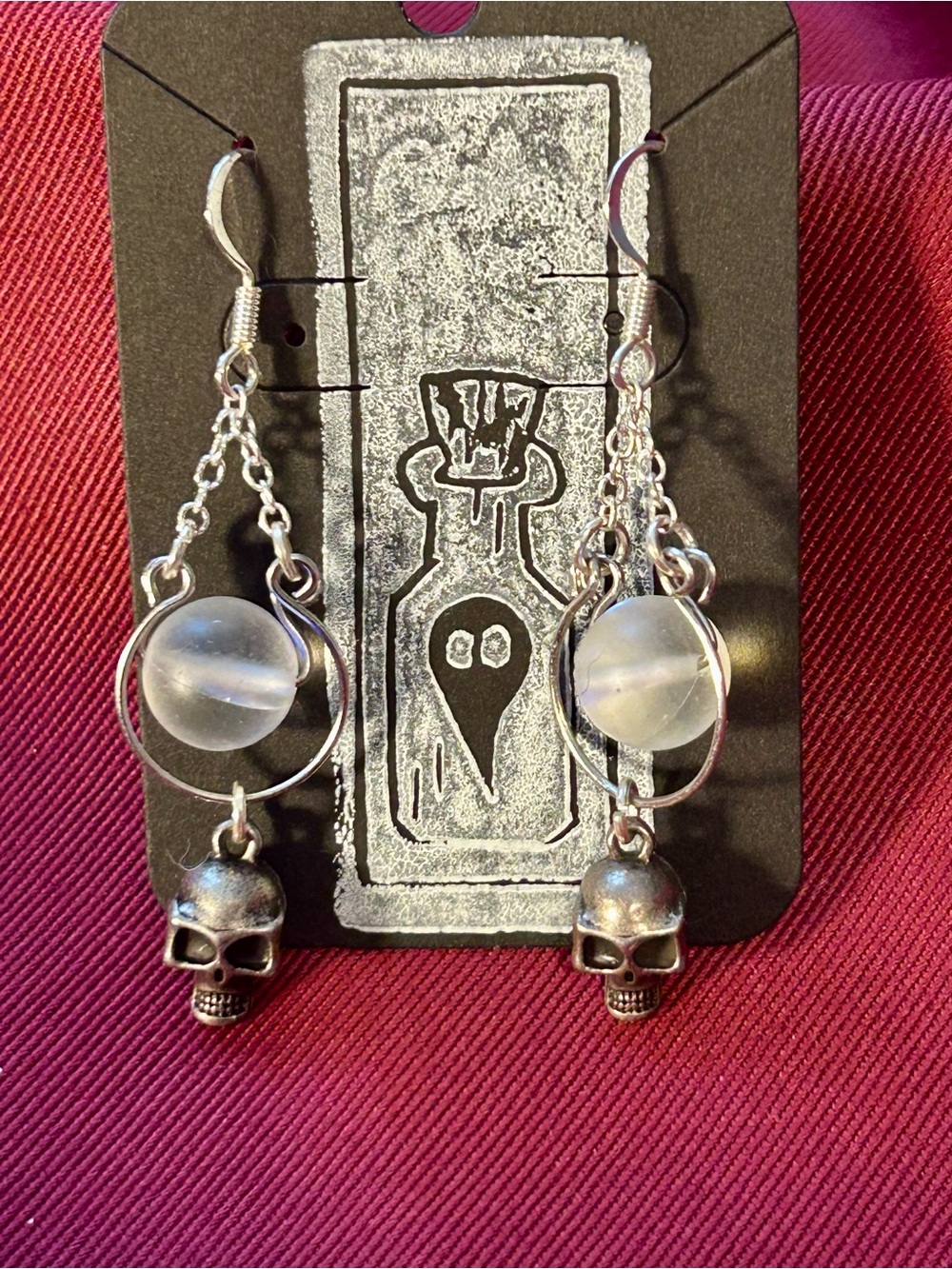 Handmade Skull Drop Earrings with Frosted Iridescent Bead | Witchy Goth